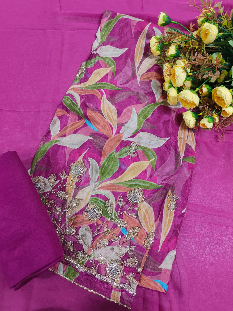 Royal Blue Floral Printed Suit with Glimmering Sequin Border