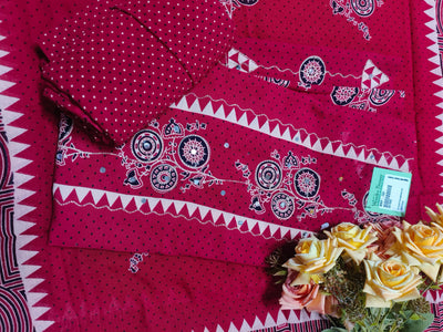 Vibrant Maroon Cotton Unstitched Suit with Mirror Work and Polka Dots