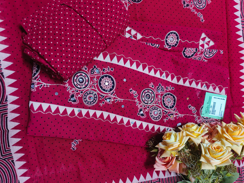 Vibrant Maroon Cotton Unstitched Suit with Mirror Work and Polka Dots