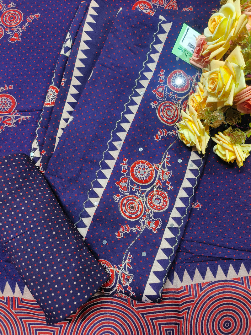 Vibrant Maroon Cotton Unstitched Suit with Mirror Work and Polka Dots