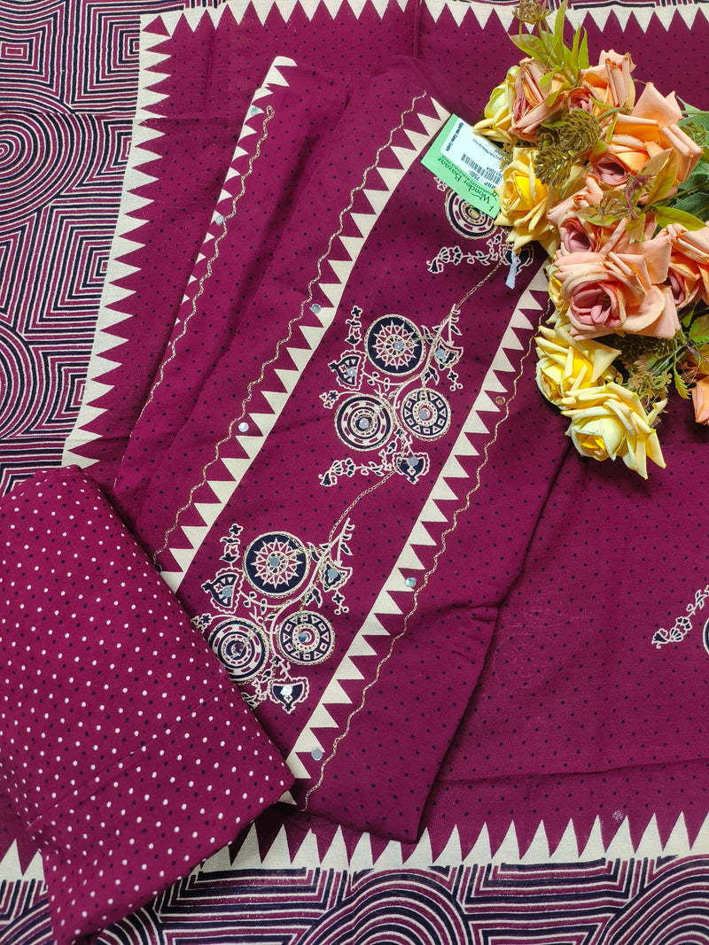 Vibrant Maroon Cotton Unstitched Suit with Mirror Work and Polka Dots