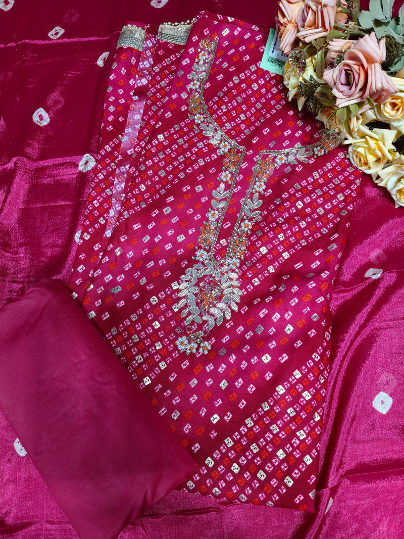 Radiant Magenta Pink Bandhani Silk Unstitched Suit with Neck Embroidery