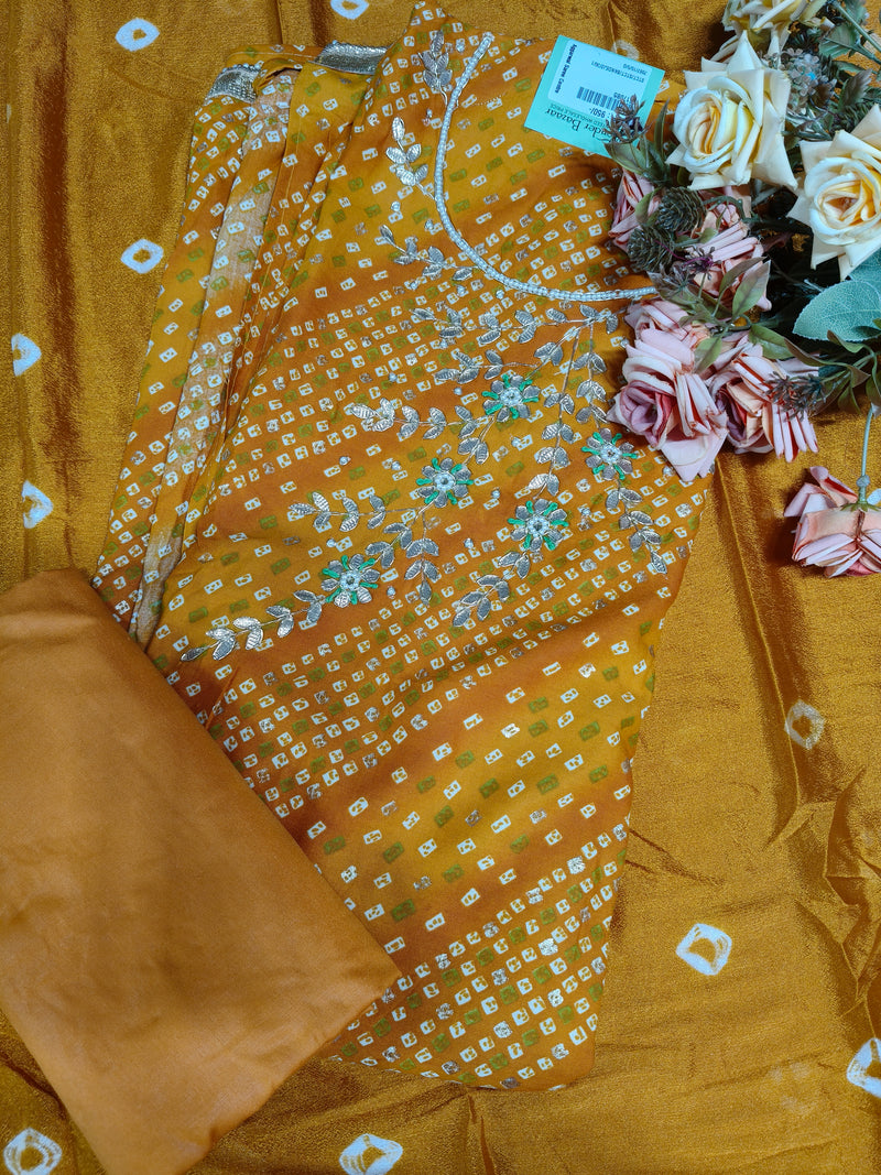 Gorgeous Mustard Yellow Bandhani Suit with Floral Embroidered Neckline