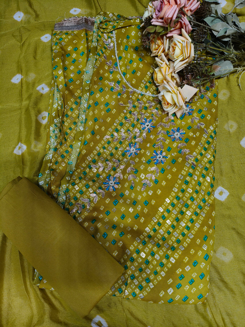 Gorgeous Mustard Yellow Bandhani Suit with Floral Embroidered Neckline