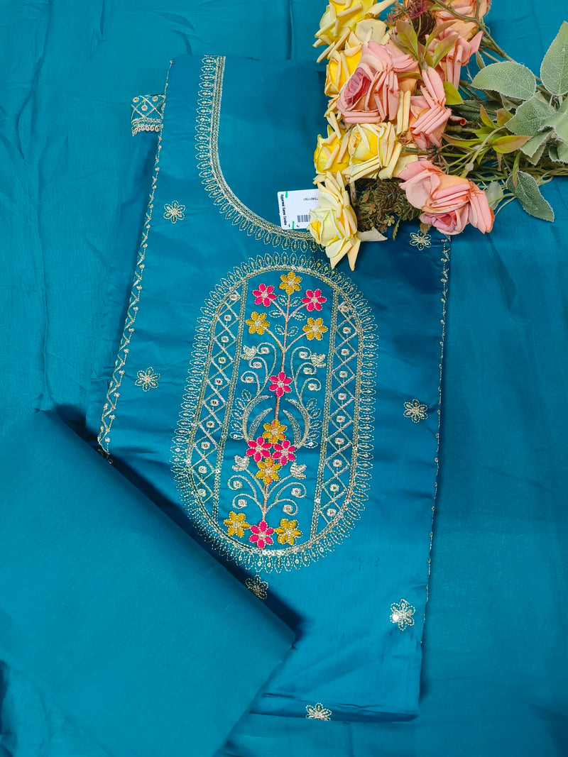 Luxe Teal Blue Unstitched Suit Set with Vibrant Floral Embroidery