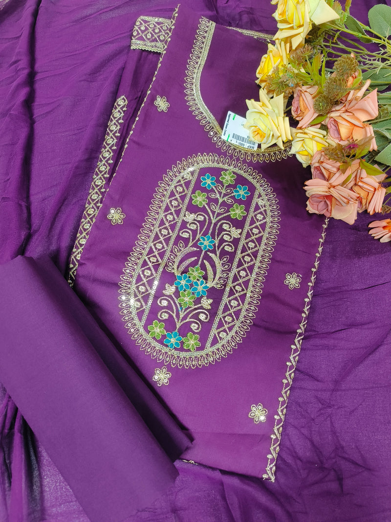 Luxe Teal Blue Unstitched Suit Set with Vibrant Floral Embroidery