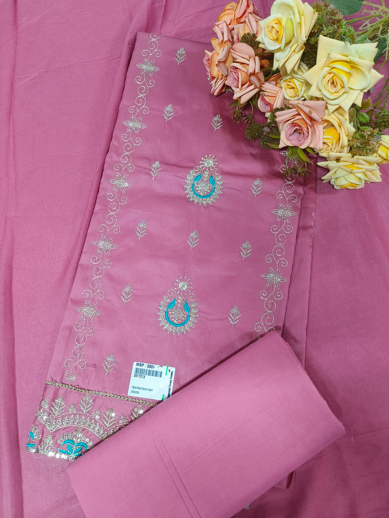 Graceful Rose Pink Embroidered Unstitched Suit Set with Teal Accents