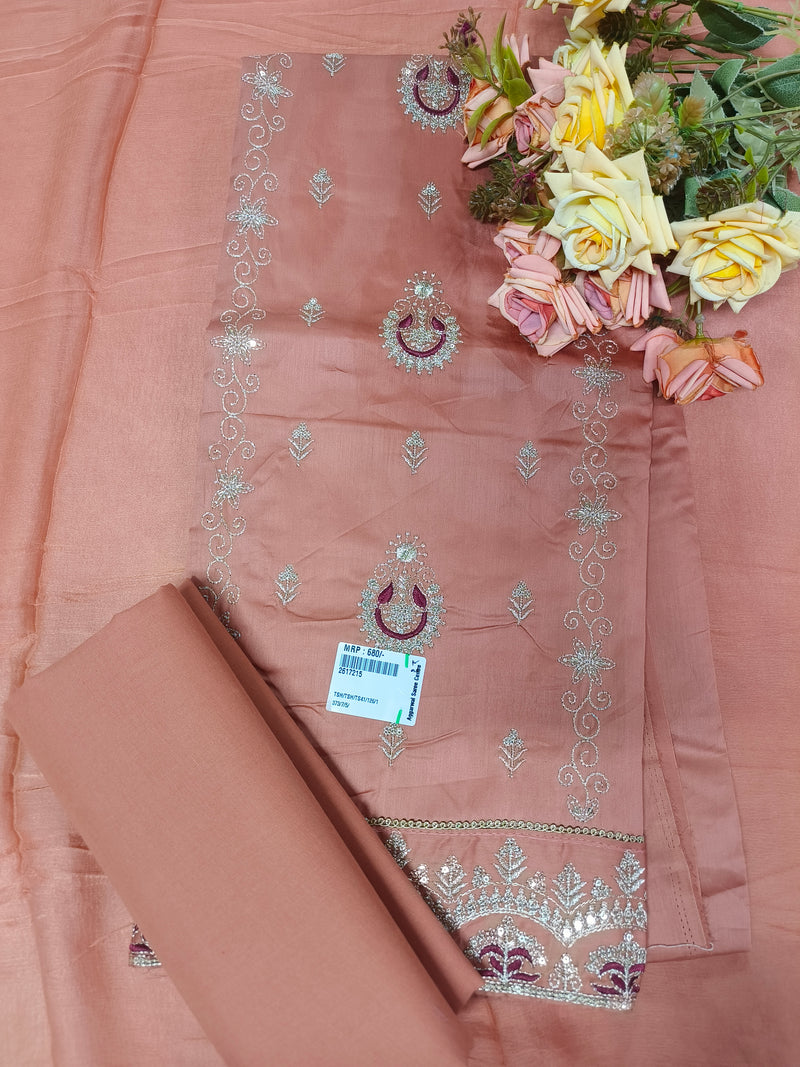 Graceful Rose Pink Embroidered Unstitched Suit Set with Teal Accents