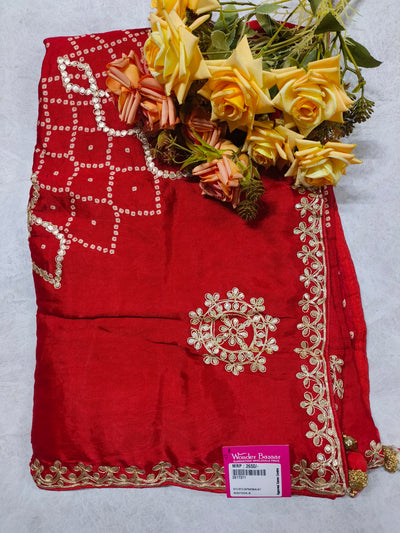 Royal Crimson Red Silk Saree with Heavy Gold Zari Embroidery