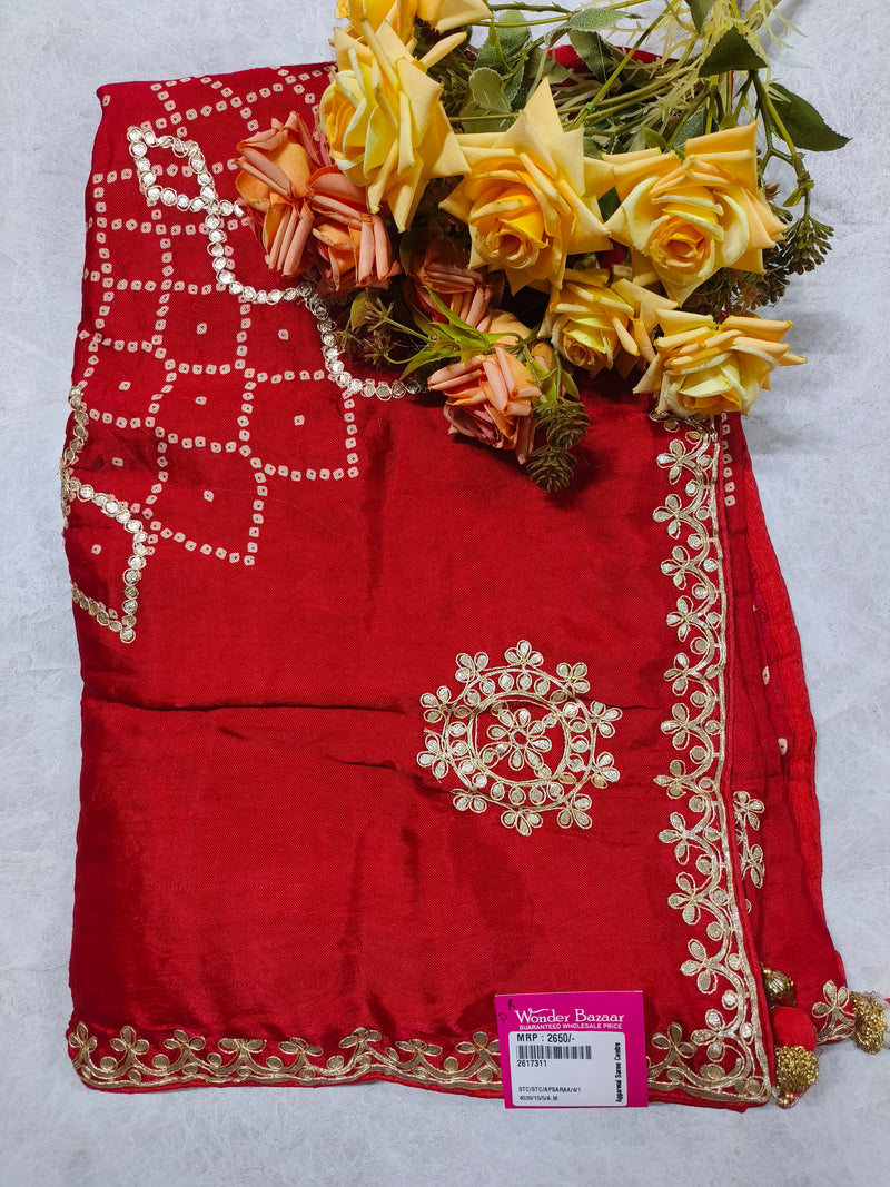 Royal Crimson Red Silk Saree with Heavy Gold Zari Embroidery