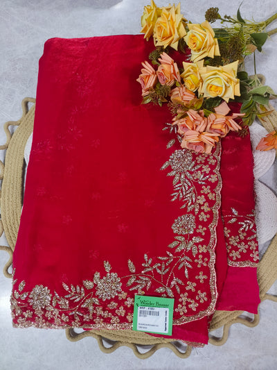 Elegant Radiant Red Georgette Saree with Intricate Floral Zari Border