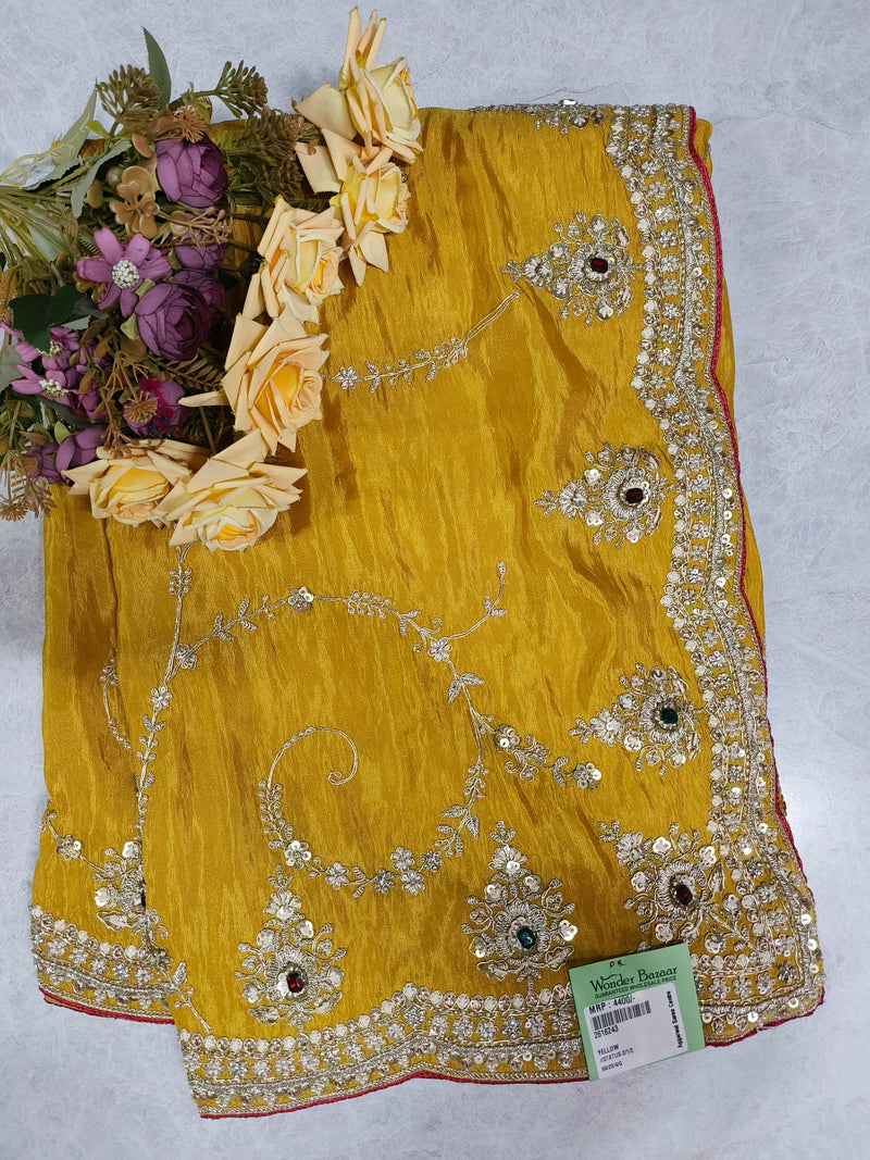 Vibrant Mustard Yellow Fancy Silk Saree with Ornate Gold Sequin Work