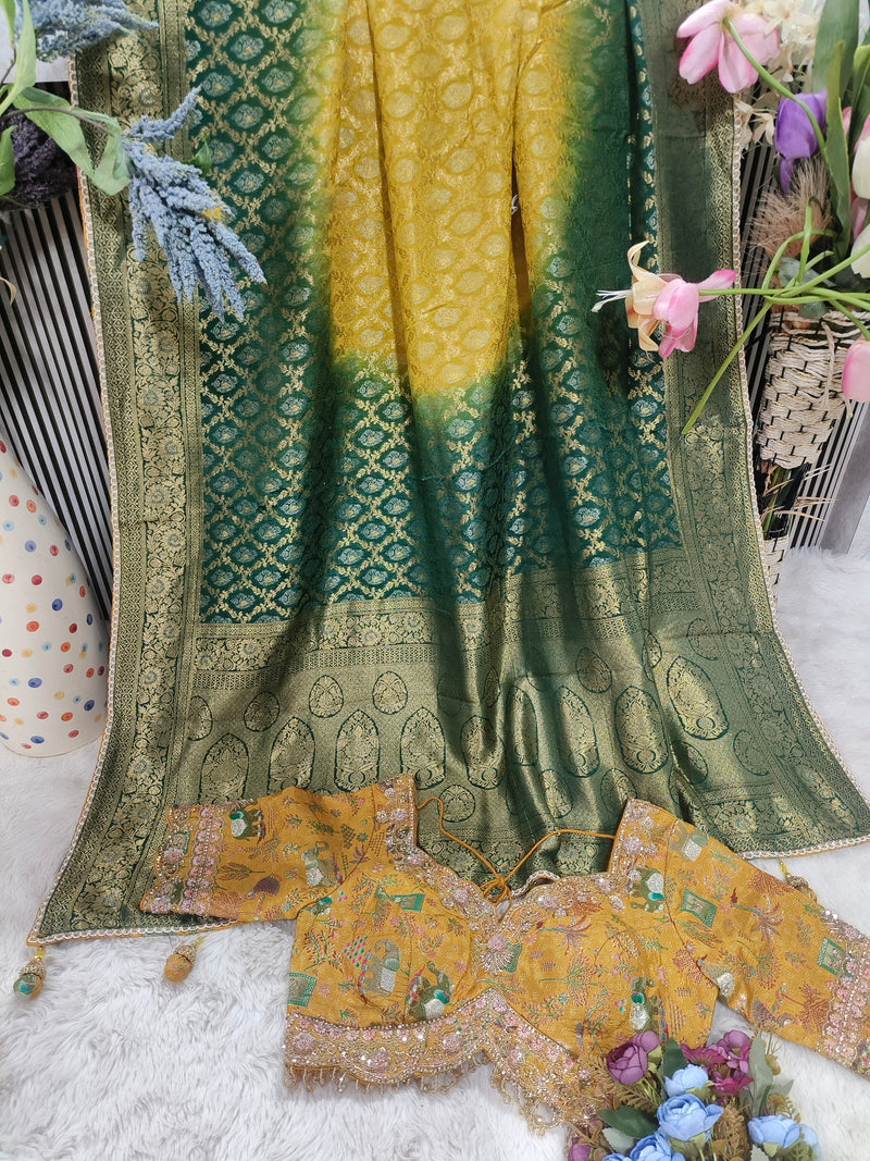 Exquisite Green & Yellow Ombre Silk Saree with Designer Floral Blouse