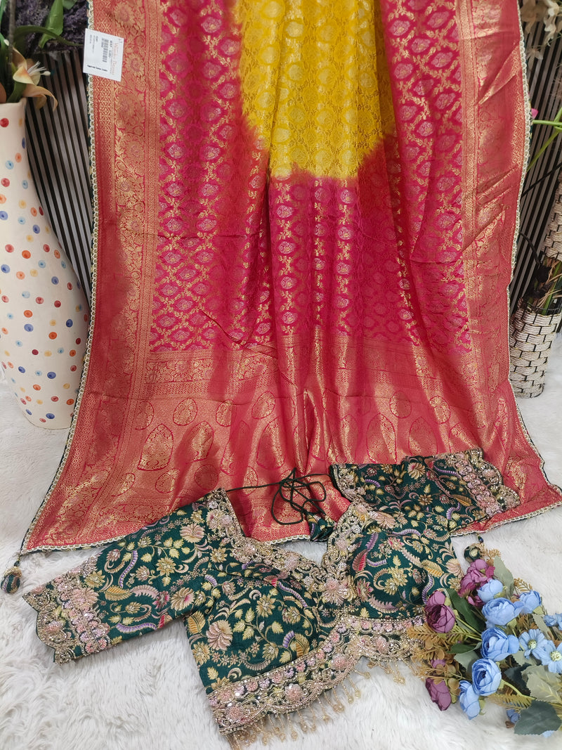 Exquisite Green & Yellow Ombre Silk Saree with Designer Floral Blouse