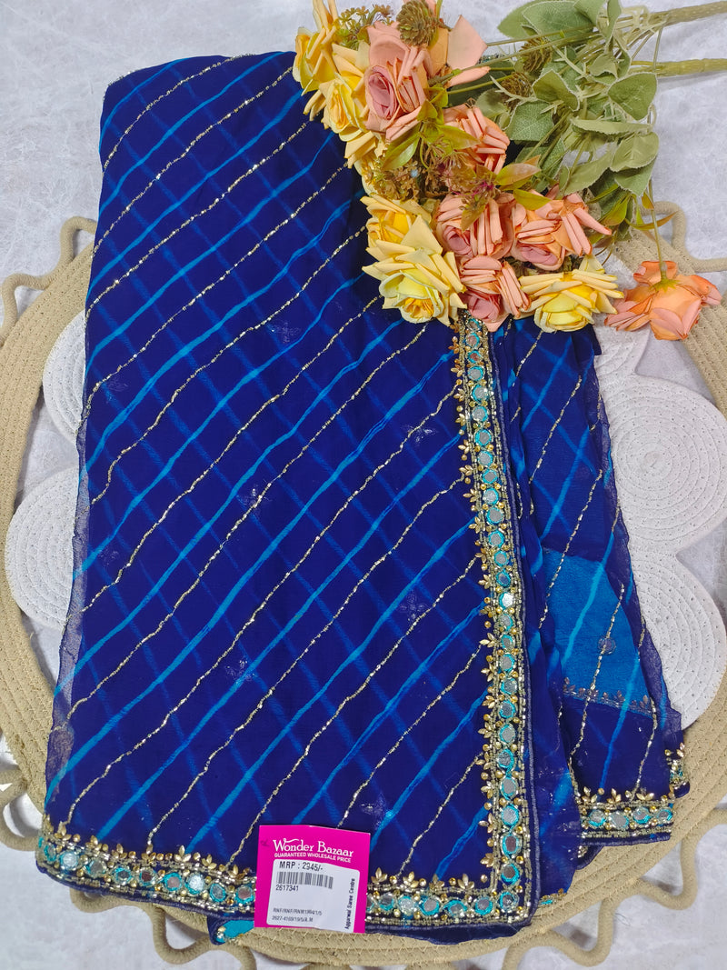Stunning Emerald Green Leheriya Fancy Saree with Gota Patti and Mirror Border