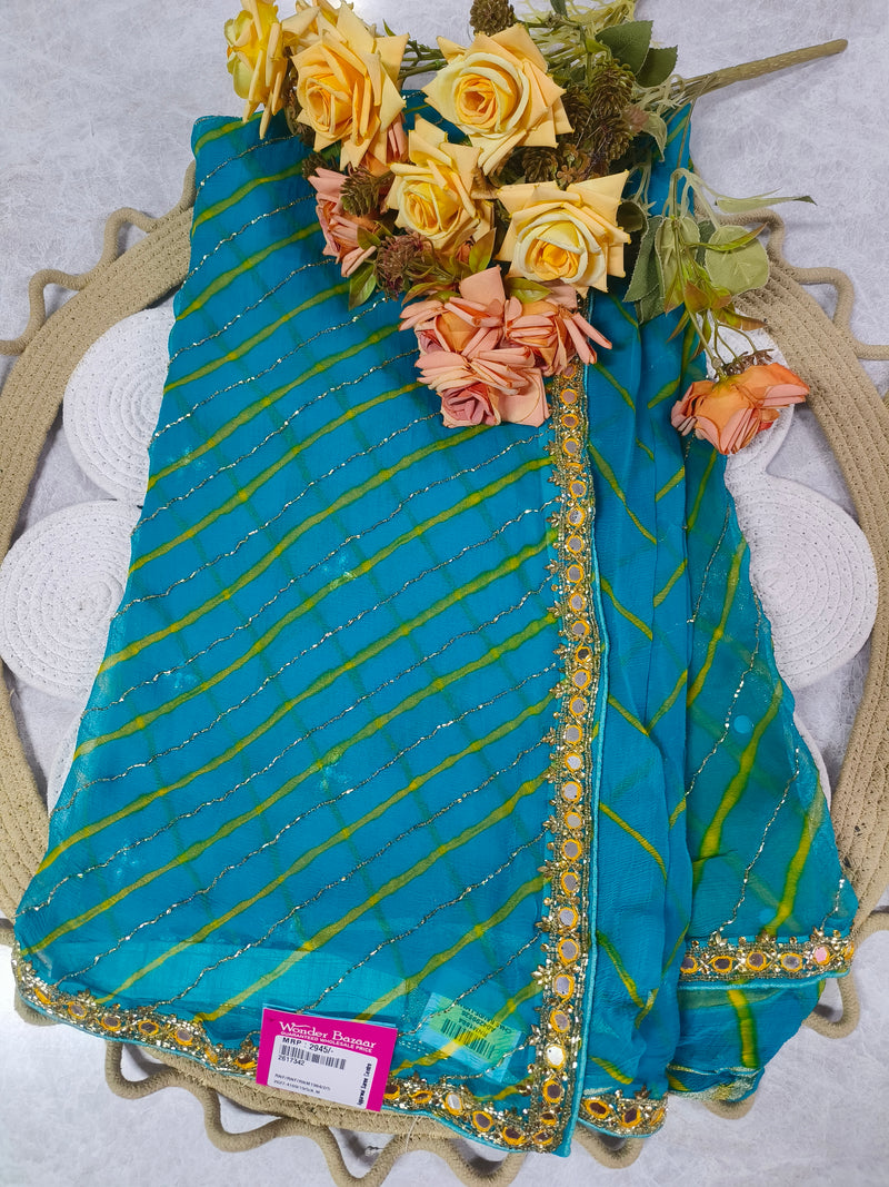 Stunning Emerald Green Leheriya Fancy Saree with Gota Patti and Mirror Border