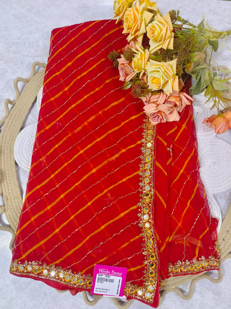 Stunning Emerald Green Leheriya Fancy Saree with Gota Patti and Mirror Border