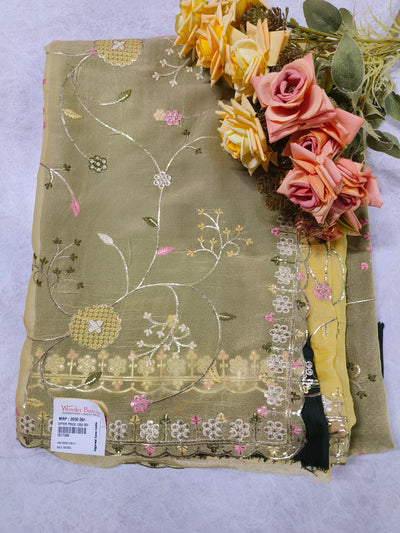Elegant Olive Green Organza Saree with Delicate Floral Embroidery