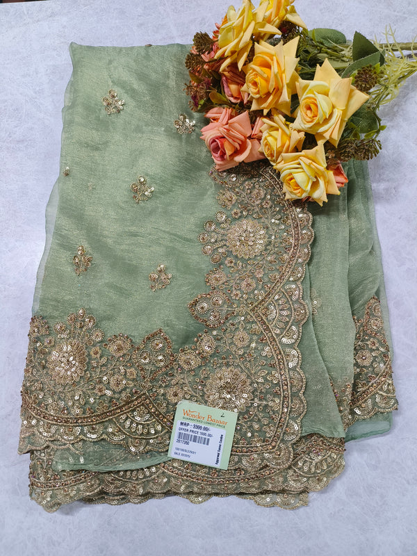 Charming Sage Green Organza Saree with Heavy Gold Sequin Border