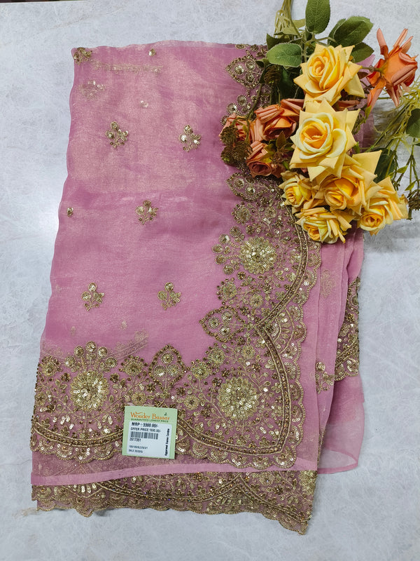 Charming Sage Green Organza Saree with Heavy Gold Sequin Border