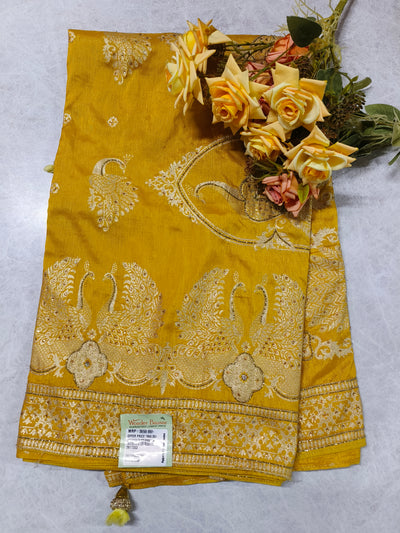Radiant Mustard Yellow Silk Saree with Majestic Peacock Zari Border