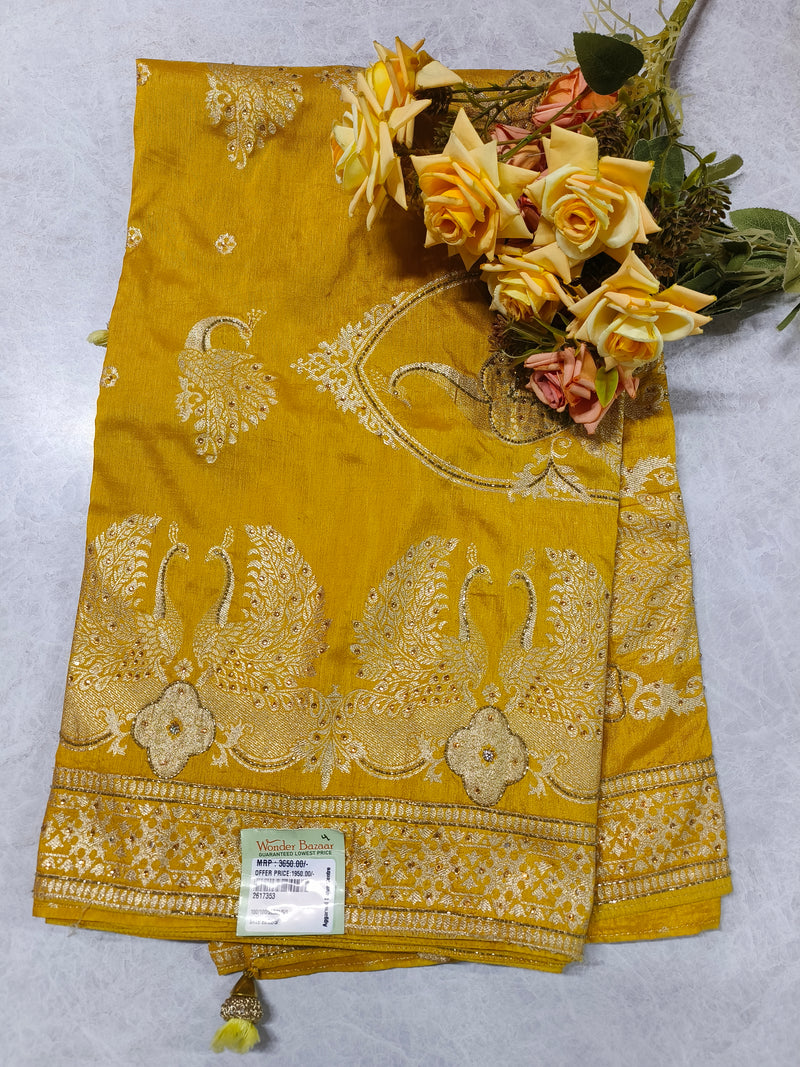 Radiant Mustard Yellow Silk Saree with Majestic Peacock Zari Border