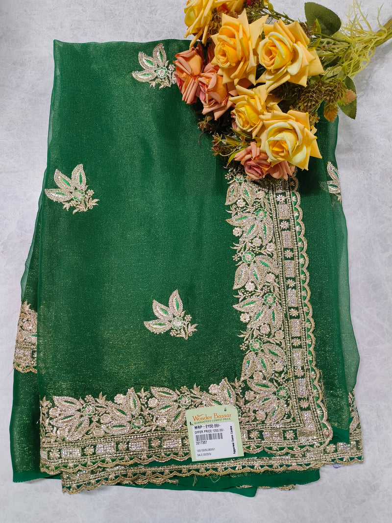 Deep Emerald Green Net Saree with Ornate Silver Floral Border