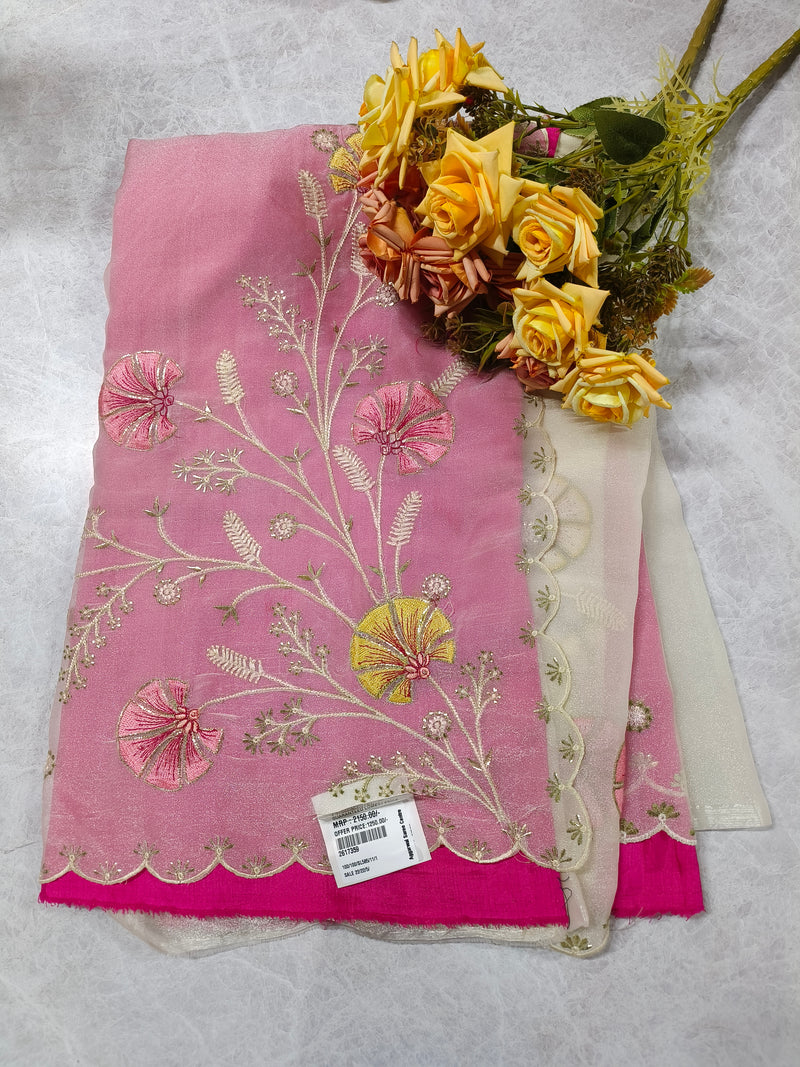 Elegant Rose Pink Organza Saree with Delicate Floral Vine Embroidery