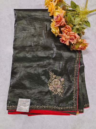 Sophisticated Charcoal Black Crushed Silk Saree with Crimson Red Border