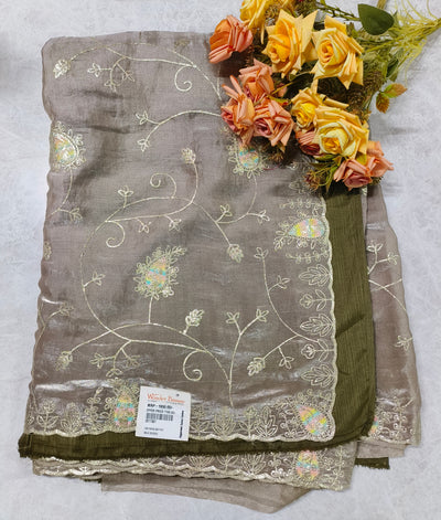 Graceful Mauve Organza Saree with Silver Vine Embroidery and Olive Border