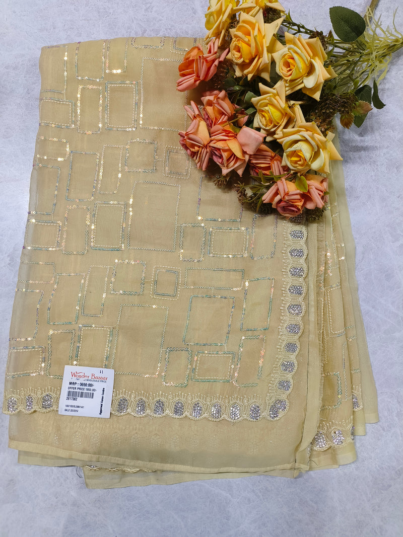 Glamorous Champagne Gold Saree with Geometric Sequin Work