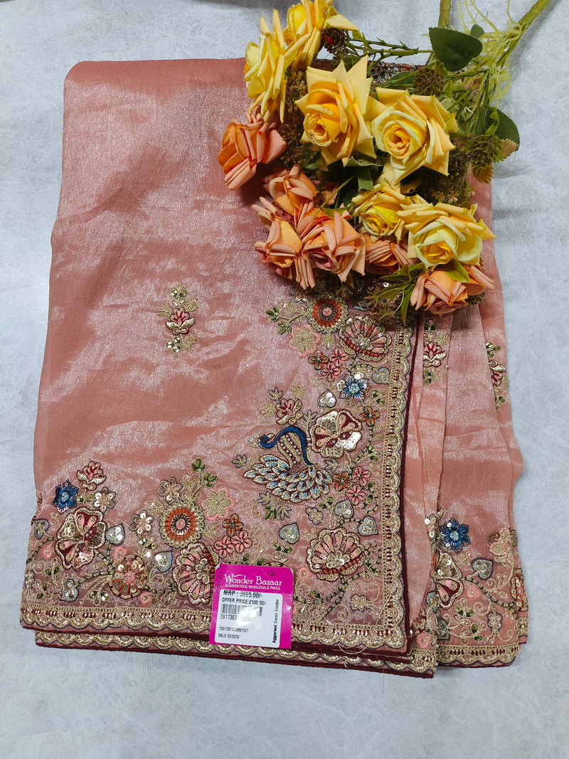 Exquisite Rose Gold Shimmer Silk Saree with Peacock Embroidery