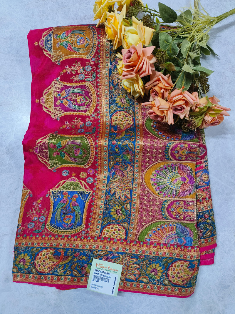 Traditional Cream Silk Saree with Bird Frame Art and Vibrant Borders