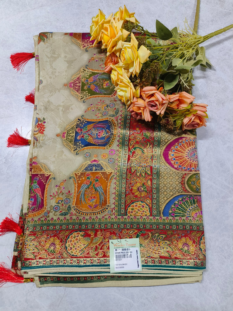 Traditional Cream Silk Saree with Bird Frame Art and Vibrant Borders
