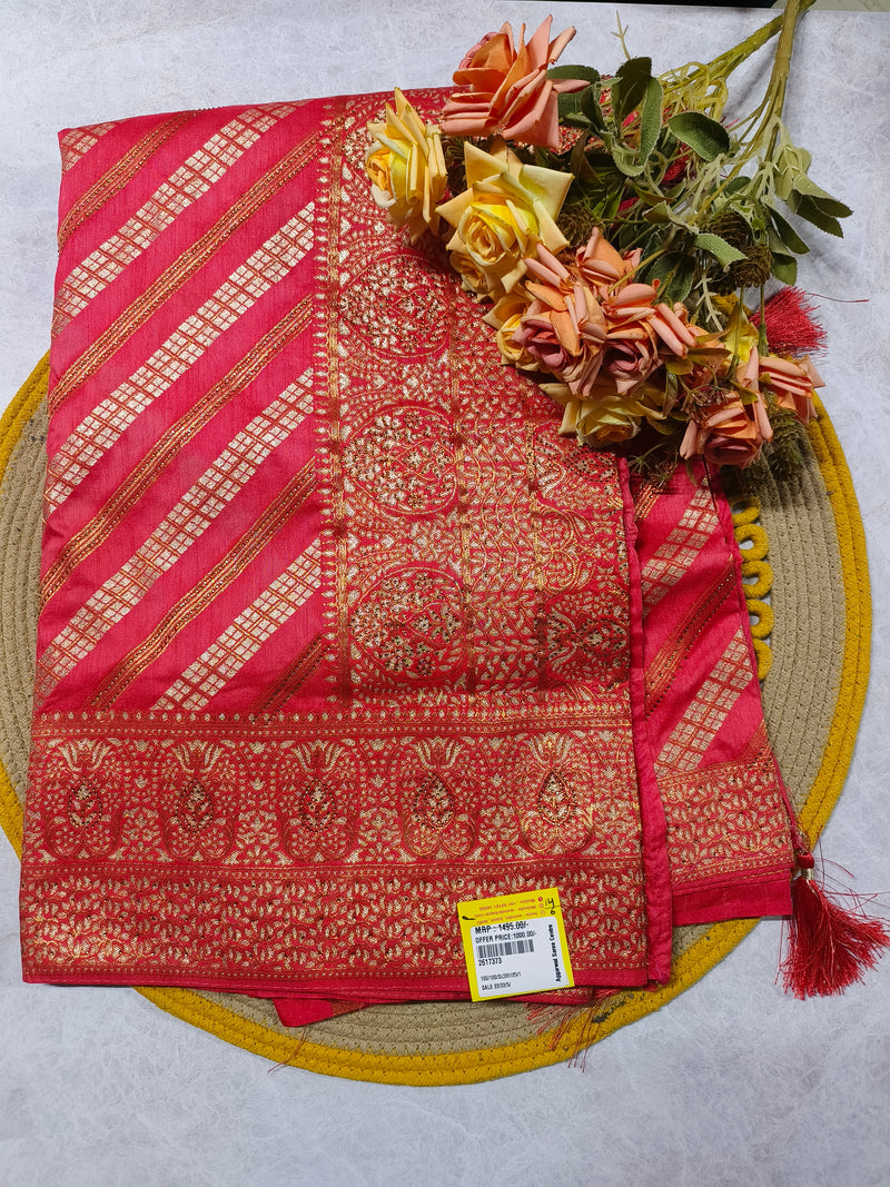 Radiant Red Leheriya Banarasi Silk Saree with Ornate Zari Border