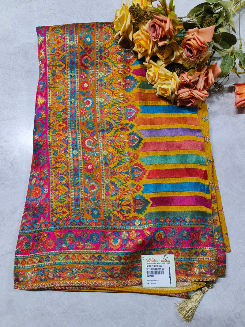 Exquisite Multi-Color Printed Silk Saree with Heavy Zari Border