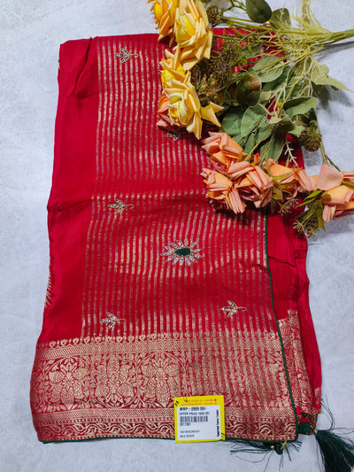 Glamorous Festive Red Saree with Gold Vertical Zari Stripes