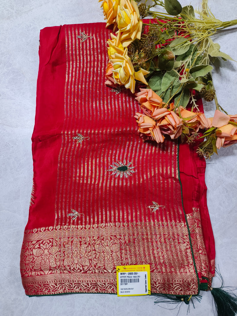 Glamorous Festive Red Saree with Gold Vertical Zari Stripes