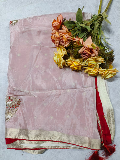 Elegant Dusty Pink Chiffon Saree with Intricate Stone Work and Gold Border