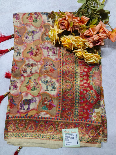 Classic Cream Folk Art Printed Saree with Traditional Elephant Motifs