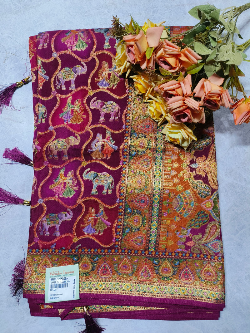 Classic Cream Folk Art Printed Saree with Traditional Elephant Motifs