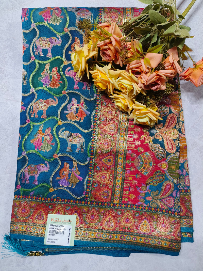Classic Cream Folk Art Printed Saree with Traditional Elephant Motifs