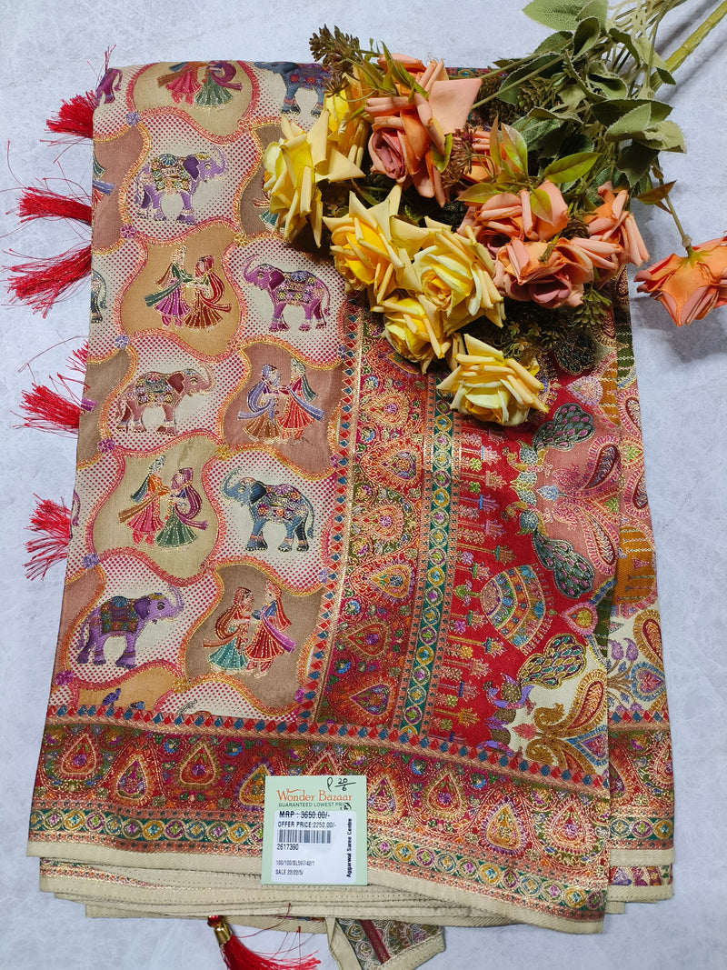 Classic Cream Folk Art Printed Saree with Traditional Elephant Motifs