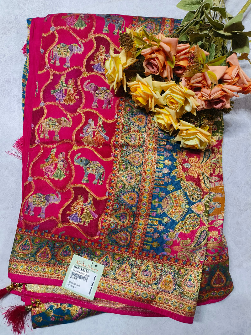 Classic Cream Folk Art Printed Saree with Traditional Elephant Motifs
