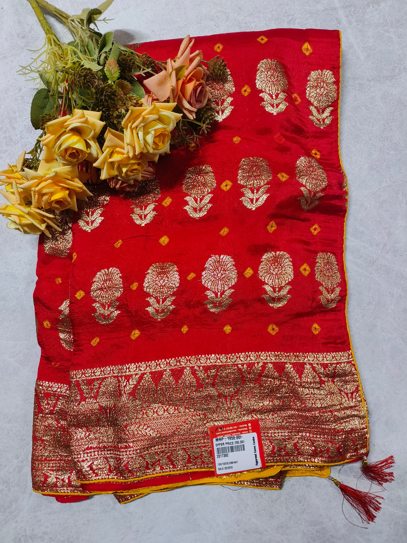Radiant Red Silk Saree with Gold Zari Floral Embroidery and Yellow Accents