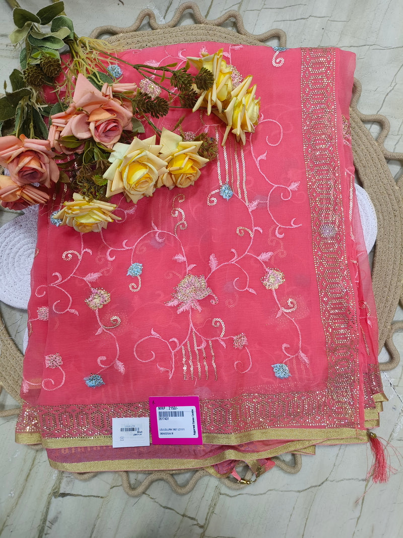 Delicate Peach Pink Chiffon Saree with Floral Sequin Embroidery & Lace Border