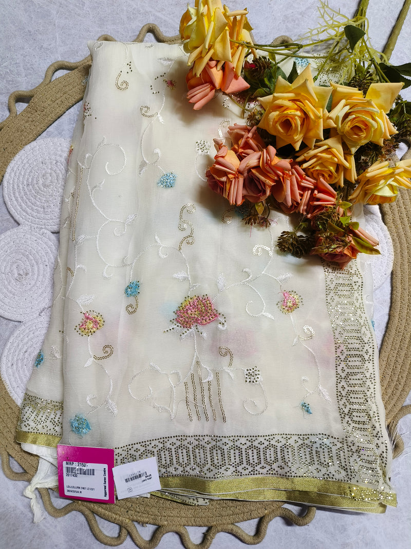 Delicate Peach Pink Chiffon Saree with Floral Sequin Embroidery & Lace Border