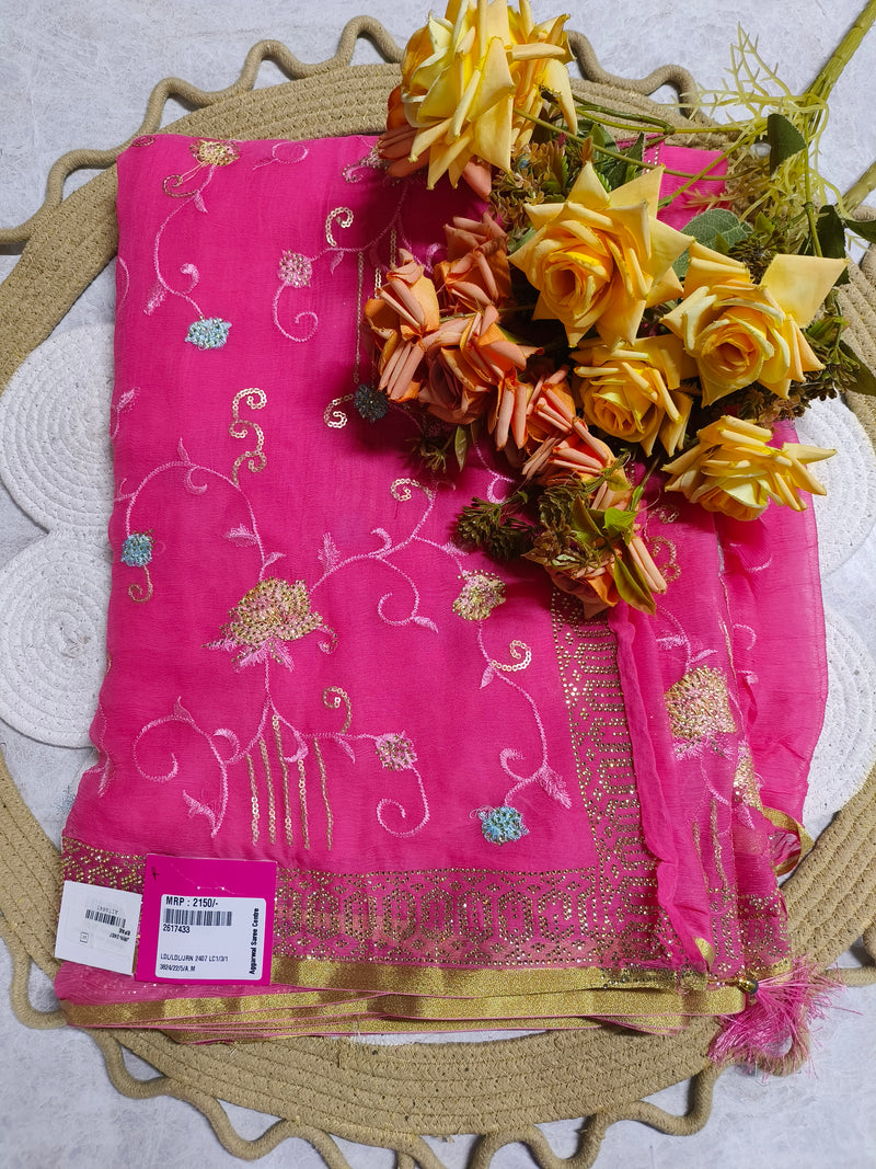 Delicate Peach Pink Chiffon Saree with Floral Sequin Embroidery & Lace Border