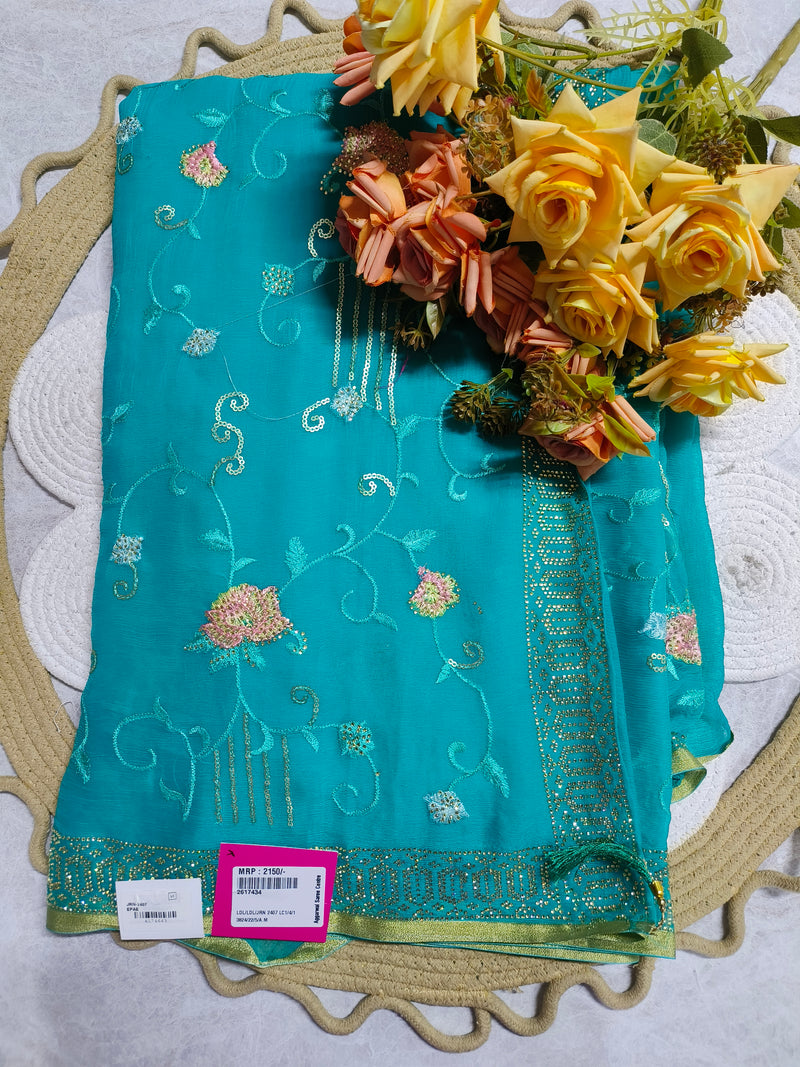 Delicate Peach Pink Chiffon Saree with Floral Sequin Embroidery & Lace Border