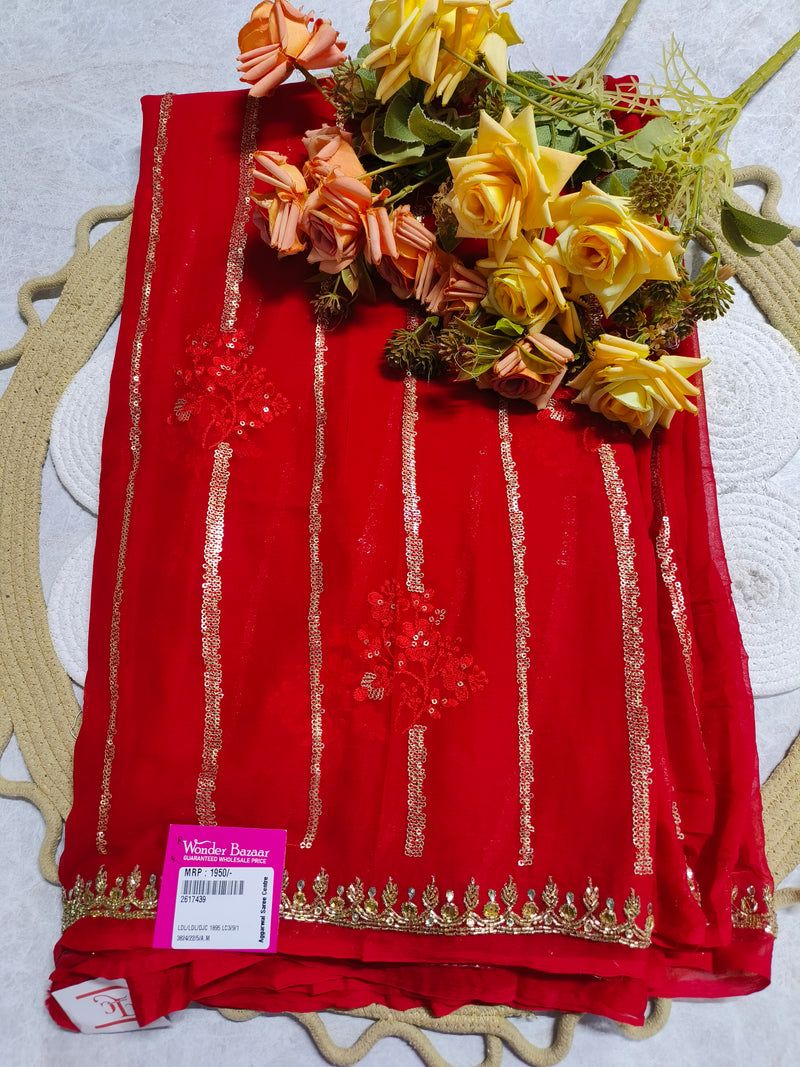 Classic Red Chiffon Saree with Shimmering Sequin Stripes and Gold Border